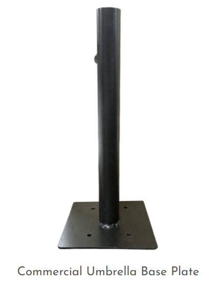 Commercial umbrella base plate with vertical neck for permanent mounting