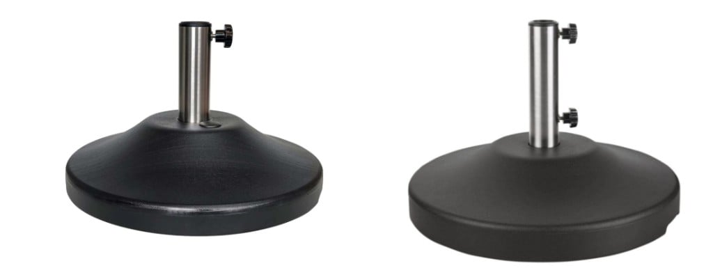 Resin plastic-encased concrete umbrella bases in 50-lb, 80-lb, and 120-lb sizes